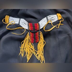 Handmade Beaded Choker Necklace w/ Suede / Leather Fringe – 4.47 oz